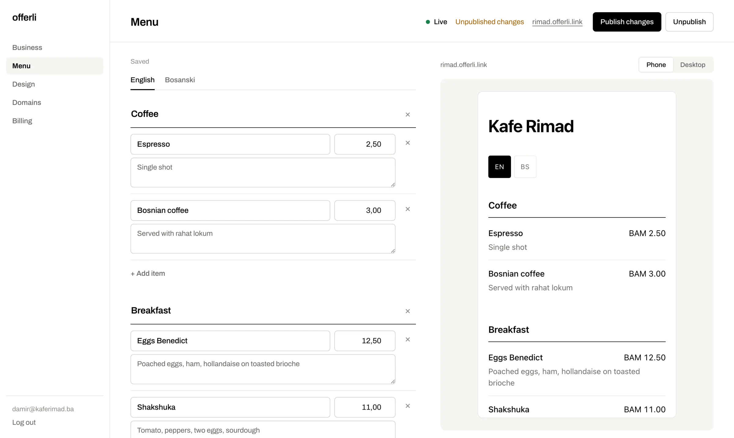 The Offerli menu editor, with menu sections on the left and a live preview of the page on the right.